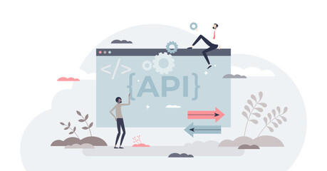 Wall Mural - api as application programming interface and software integration tool tiny person concept, transpar