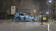 © Framestock - 3D animation of eco-friendly electric vehicle experimental crash test in a laboratory. Simulation of traffic accident. Testing new generation car for checking and changing the safety parameters.