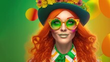 Modern Trendy Saint Patrick's Day Woman. Smile. Red Hair, Green Glasses, Hat. Copy Space. 16:9 Aspect Ratio