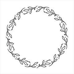 Wall Mural - Vector hand drawn spring wreath isolated on white background. Outline circle of leaves. Doodle style. Floral frame.