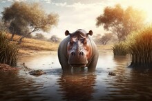 Hippopotamus In A River In The African Savannah. Created With Generative AI Technology.