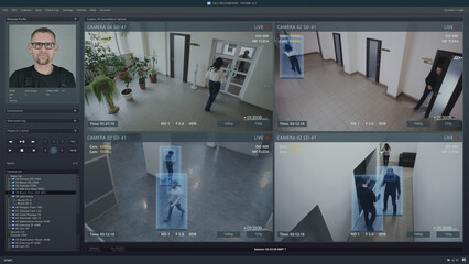 Playback office CCTV cameras on computer screen. Interface of AI program with facial recognition and personal profile with information about people. Security camera with face scanning system. Big data