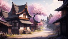 A Street With A House And A Tree With Pink Flowers - Generative Ai