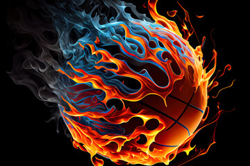 Flying basketball on fire. Generative Ai