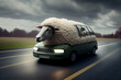 Sheepmobile rides on the highway. AI generated