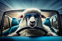 Portrait Of A Stylish Driver Sheep Driving A Car. AI Generated
