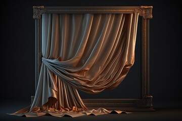 silk curtain draped over large rectangle very simple wooden frame for picture on dark background created by generative AI