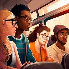 Wall Mural - multi ethnic and multi-racial group of friends riding subway , AI generated illustration, conceptual art, conceptual ideas, creating with friends, small groups, youth group, gathering