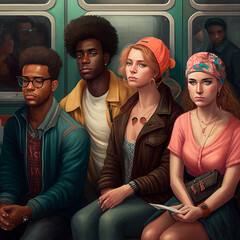 Wall Mural - multi ethnic and multi-racial group of friends riding subway , AI generated illustration, conceptual art, conceptual ideas, creating with friends, small groups, youth group, gathering