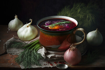 Wall Mural - Beet soup borsch in ceramic plate. Borscht, traditional Ukrainian food. Generated by Ai