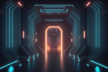 Wall Mural - Illustration of a future sci-fi scene, with a dark stage in front of a blazing neon light-lined spacecraft corridor. Generative AI