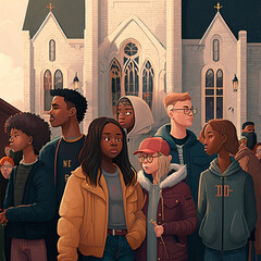 Wall Mural - multi ethnic and multi-racial group of friends going to church together, AI generated illustration, conceptual art, conceptual ideas, church with friends, sunday school, youth group