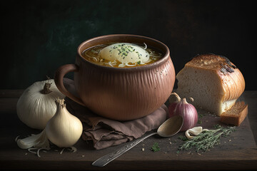 Wall Mural - Classic French onion soup baked with cheese croutons Generative AI