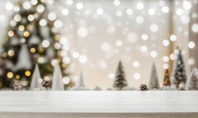 Wall Mural - Cozy Christmas Vibes: A Mockup Empty White Table  Banner Display in a Warm Living Room with Snowy Backdrop. Generative AI