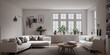 © Interior Stock Photo - Stylish scandinavian living room with design mint sofa, furnitures, mock up poster map, plants and elegant personal accessories. Modern home decor. Bright and sunny room. Generative AI illustration.