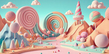 Ai Midjourney Generative Fantasy Illustration Of A Small Pastel Colored Candyland