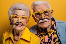 Studio Shot Portrait Of Two Cute Old Senior Couple With Modern Fun Clothes. Yellow Background. Generative AI