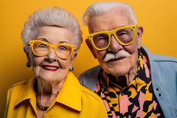 Studio shot portrait of two cute old senior couple with modern fun clothes. Yellow background. Generative AI