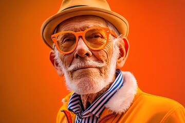 Senior old man with fashion colorful clothes over orange background. Generative AI