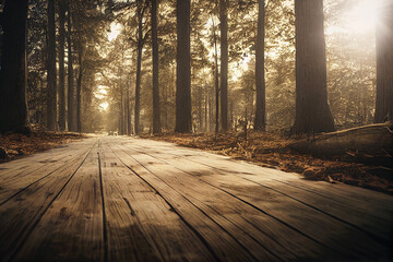 Canvas Print - Scary forest with wooden road, Beautiful untouched trees at morning Generative AI