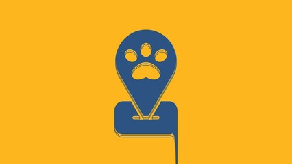 Sticker - Blue Location pet grooming icon isolated on orange background. Pet hair salon. Barber shop for dogs and cats. 4K Video motion graphic animation