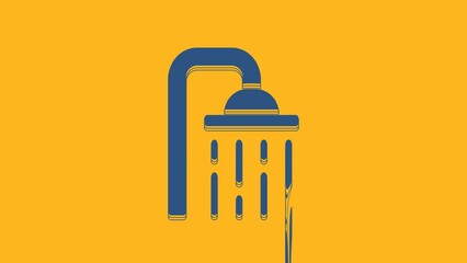 Canvas Print - Blue Shower head with water drops flowing icon isolated on orange background. 4K Video motion graphic animation