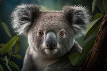 Australian Koala Bear Portrait On Green Eucalyptus Tree. Close Up Koala Cute Face