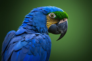 Wall Mural - Blue macaw parrot portrait. Beautiful wild ara parrot face. Green forest blurred background. Tropical jungle amazonica Brazilian birds. Zoo banner