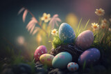 Fototapeta Mapy - Several colorful Easter eggs lie in the spring among the green grass and flowers.