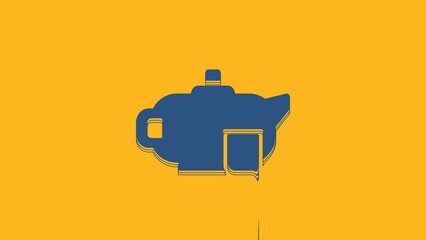 Wall Mural - Blue Traditional tea ceremony icon isolated on orange background. Teapot with cup. 4K Video motion graphic animation