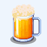 Pixel art beer mug drink icon with foam in glass separated on white background 8 bit goblet gold color yellow. Bar object stock vector image