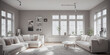 © Interior Stock Photo - Stylish scandinavian living room with design mint sofa, furnitures, mock up poster map, plants and elegant personal accessories. Modern home decor. Bright and sunny room. Generative AI illustration.