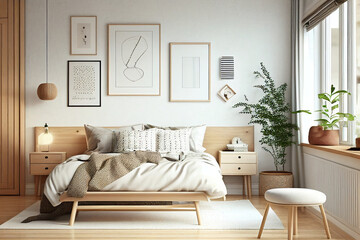 Scandinavian style bedroom mockup with natural wood furniture and a beige color scheme. Generative AI