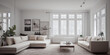 © Interior Stock Photo - Stylish scandinavian living room with design mint sofa, furnitures, mock up poster map, plants and elegant personal accessories. Modern home decor. Bright and sunny room. Generative AI illustration.