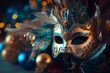 Carnival mask, ornaments, fir branches, baubbles, Ribbons and golden decorations, generative ai