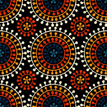 Seamless African Shweshwe Pattern. Blue, White, Black And Orange Print For Textiles. Cute Doodle Ornament. Vector Illustration.
