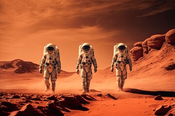 Wall Mural - astronauts on mars in spacesuits walk across the martian desert. studies of the red planet. generati
