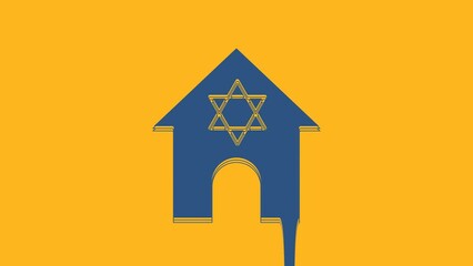 Wall Mural - Blue Jewish synagogue building or jewish temple icon isolated on orange background. Hebrew or judaism construction with David star. 4K Video motion graphic animation