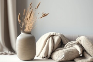 Wall Mural - Boho interior style: Modern gray ceramic vase with dry Lagurus ovatus dried grass