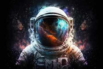 Wall Mural - astronaut in space suit with galaxy and nebula reflection in helmet glass. generative ai