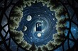 Photosphere Style Illustration of a Vintage British  Police Box in Space with Stars, Pine Trees, Planets, and Moons. [Sci-Fi, Fantasy, Historic, Horror Scene. Graphic Novel, Video Game, Comic.]