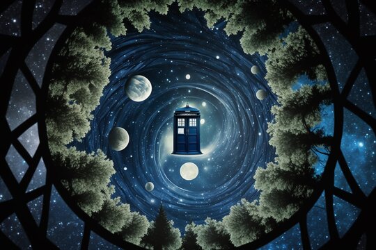 photosphere style illustration of a vintage british police box in space with stars, pine trees, plan