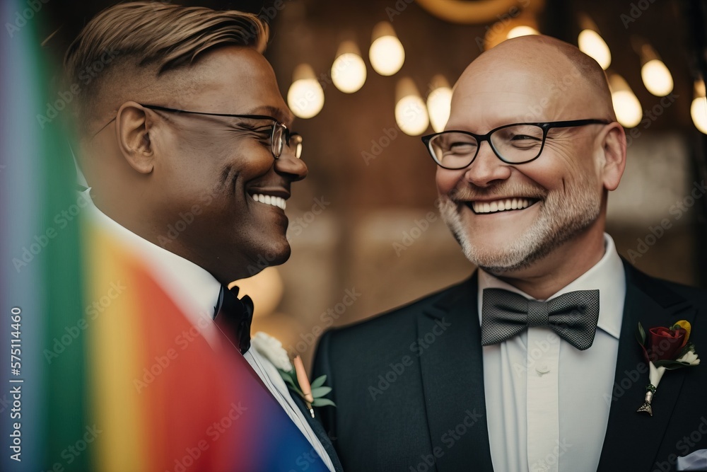 Freedom of marriage. Happy interracial gay couple on the LGBT same-sex ...