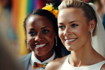 Freedom of marriage. Happy interracial lesbian couple on the LGBT same-sex wedding ceremony.