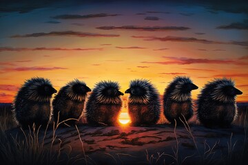 Wall Mural - Sunset Serene – A Canvas of Porcupines under a Dimming Sky Generative AI