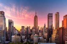New York, USA - April 23, 2022: New York Skyline At The End Of Sunset With Empire State Building In Foreground