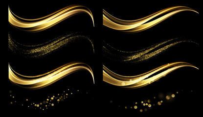 Leinwandbilder - Abstract Gold Light Waves. Shiny golden moving lines design element with glitter effect on dark background