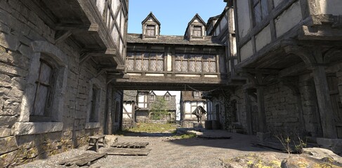 Wall Mural - Photorealistic 3d illustration of an European medieval street on a sunny day. Fantasy town architecture. Dirty stony ground.