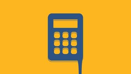 Poster - Blue Calculator icon isolated on orange background. Accounting symbol. Business calculations mathematics education and finance. 4K Video motion graphic animation