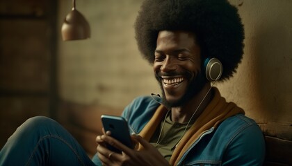 black man with afro hair, smiling, sitting with headphones using smartphone to listen to music and use social networks. ai generative